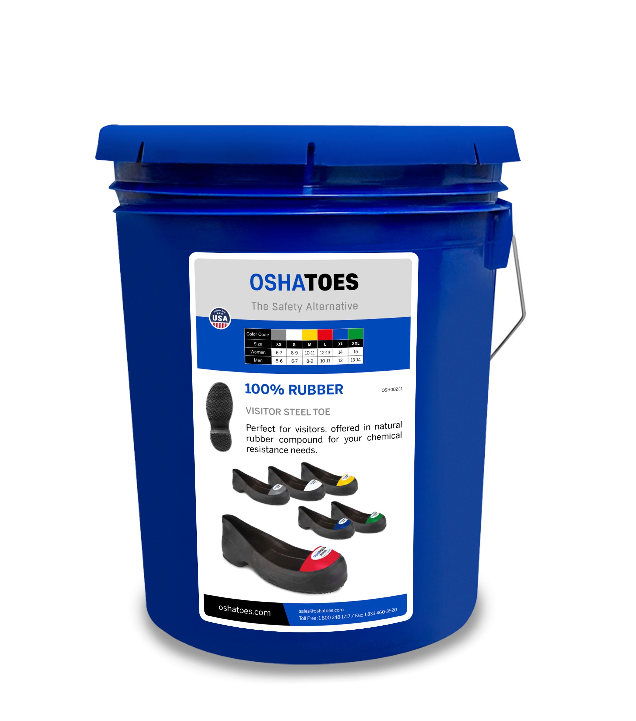 OSHBUCA-11, Visitor Bucket 9 Pairs Prepack Steel Toe Cap Safety Overshoes, 100% RUBBER (Color Coded by Size)