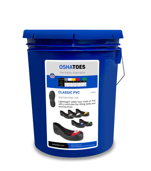 OSHBUCO-11, Visitor Bucket 9 Pairs Prepack Steel Toe Cap Safety Overshoes, Classic PVC (Color Coded by Size)